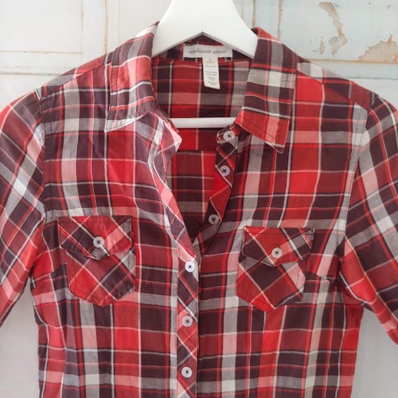 Ambiance apparel plaid short/long sleeve button collared shirt/top/S/orange brwn - Picture 5 of 7
